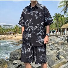 批发时尚竹叶印花商务休闲短袖衬衫男士清凉舒适百搭上衣