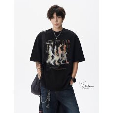 批发时尚潮流黑色个性印花短袖<b class='q'>T</b><b class='q'>恤</b>宽松舒适透气<b class='q'>男</b>士上衣精品百搭