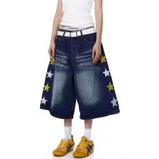 星星刺绣宽松休闲牛仔短裤夏季时尚潮流男士短裤