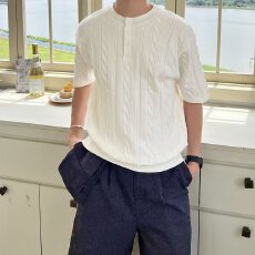 男士经典针织短袖T恤时尚舒适百搭休闲款上衣设计感强