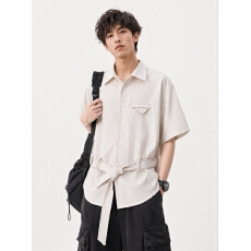 批发时尚条纹<b class='q'>短袖</b><b class='q'>衬衫</b>透气轻便休闲<b class='q'>男士</b>上衣百搭设计实用口袋
