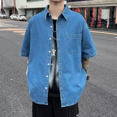 批发时尚潮流宽松男士牛仔<b class='q'>衬衫</b>个性夏季短袖休闲上衣洋气帅气