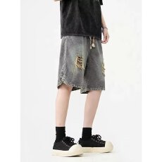批发时尚破洞牛仔短裤休闲<b class='q'>男</b>士夏季宽松潮流五分裤送袜子