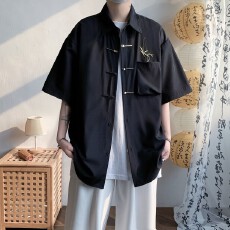 批发时尚简约男士短袖衬衫个性口袋设计优雅清新百搭<b class='q'>潮</b>流