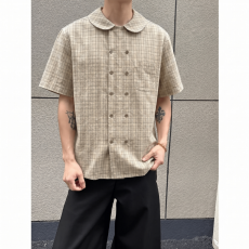 批发时尚格纹男士衬衫宽松短袖简约百搭春夏清新休闲上衣