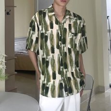 批发时尚个性男士短袖衬衫印花设计透气轻便休闲百搭上衣