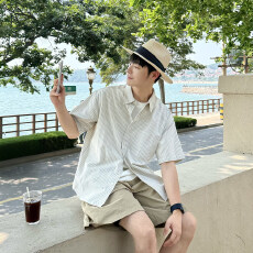 批发<b class='q'>男</b>士夏季条纹短袖<b class='q'>衬衫</b>清新透气休闲上衣薄款时尚百搭罩衫