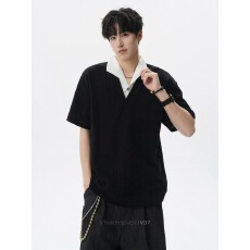 时尚针织短袖T恤男韩版纯色翻领休闲宽松百搭上衣夏季潮流