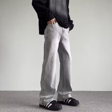 男士时尚宽松灰色牛仔裤潮流百搭舒适穿搭休闲款裤子