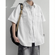 批发休闲短袖衬衫男士纯色简约透气<b class='q'>夏</b>季上衣青年潮流百搭设计