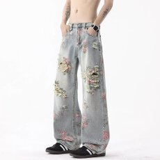 批发个性破洞绣花宽松牛仔裤男士时尚潮流修身九分裤