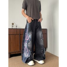 个性潮牌涂鸦宽松牛仔裤男士时尚设计复古休闲长裤