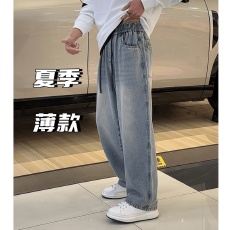 夏季薄款休闲牛仔裤宽松版型男士时尚百搭潮流裤子