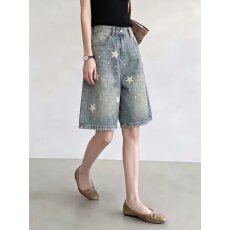 批发时尚星星印花牛仔短裤休闲宽松<b class='q'>男士</b>夏季透气百搭裤子