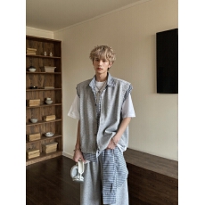 批发时尚灰色拼接<b class='q'>衬衫</b>男士休闲舒适百搭<b class='q'>衬衣</b>简约潮流翻领设计
