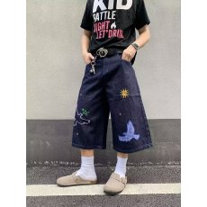 时尚刺绣宽松牛仔短裤男士夏季百搭休闲潮牌裤子