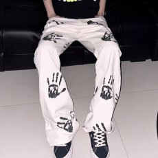 批发个性手印宽松<b class='q'>牛仔裤</b>时尚潮流百搭休闲<b class='q'>男士</b>长裤舒适透气纯棉面料