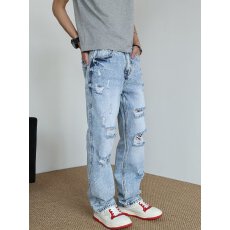 批发时尚破洞牛仔裤男士宽松休闲高腰<b class='q'>潮</b>流个性牛仔长裤