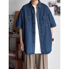 批发男士潮流休闲牛仔衬衫短袖大口袋宽松上衣舒适透气时尚百搭