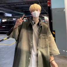 批发时尚<b class='q'>男</b>士宽松<b class='q'>衬衫</b>潮流渐变设计多口袋牛仔外套休闲夏季上衣