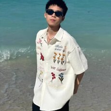 批发潮流百搭刺绣短袖<b class='q'>衬衫</b>时尚休闲<b class='q'>男</b>士上衣夏季清新出游必备