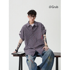 批发时尚休闲短袖<b class='q'>衬衫</b>潮流格子款<b class='q'>男</b>士上衣舒适透气百搭设计