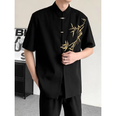 时尚复古刺绣衬衫男士短袖个性潮流休闲上衣欧美风格穿搭