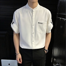 批发时尚白衬衫男士短袖舒适修身<b class='q'>商务</b><b class='q'>休闲</b>衬衣个性刺绣口袋设计