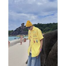 夏季舒适花卉刺绣衬衫男士短袖休闲时尚潮流上衣透气轻便卫衣