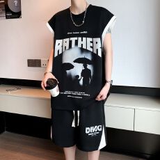 批发时尚休闲运动套装宽松印花男士短袖T恤短裤两件套舒适透气百搭