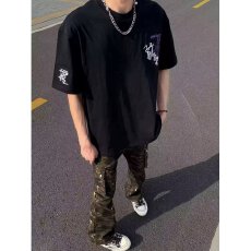 街头风格黑色潮流印花短袖T恤休闲百搭舒适透气时尚男士上衣