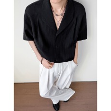 批发复古条纹<b class='q'>短袖</b><b class='q'>衬衫</b>时尚潮流<b class='q'>男士</b>休闲上衣轻便透气适合夏季穿搭