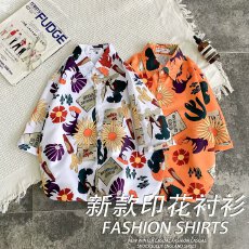 批发时尚印花短袖衬衫清新花瓣设计休闲百搭男士上衣<b class='q'>春</b>夏潮流