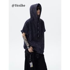 批发时尚休闲<b class='q'>男士</b>连帽短袖T恤潮流格纹设计透气舒适随性百搭服饰