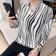 批发时尚条纹<b class='q'>衬衫</b>男士休闲上衣简约韩版百搭长袖设计潮流