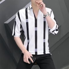 批发时尚条纹<b class='q'>衬衫</b>男士短袖修身版型舒适透气休闲百搭夏季上衣