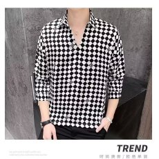 批发时尚撞色格纹<b class='q'>衬衫</b>舒适透气休闲百搭男士上衣大码短袖设计潮流