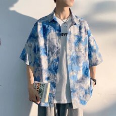 批发时尚水墨印花短袖<b class='q'>衬衫</b>男休闲潮流夏季上衣舒适透气夏装