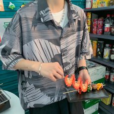 批发时尚男士宽松<b class='q'>衬衫</b>潮流个性短袖休闲印花夏季上衣舒适透气