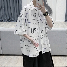 批发个性潮流印花<b class='q'>衬衫</b>宽松夏季男士短袖休闲学生时尚上衣