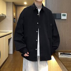 批发简约黑色<b class='q'>衬衫</b><b class='q'>男装</b>休闲春季新款宽松百搭长袖上衣