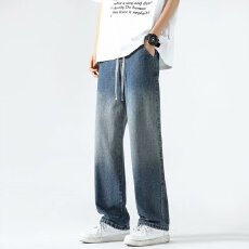 时尚潮流男士宽松牛仔裤个性拉绳设计休闲百搭长裤