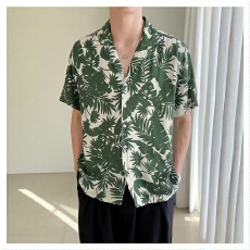 批发休闲植物印花衬衫<b class='q'>男士</b><b class='q'>短袖</b>时尚夏季透气衬衣潮流百搭上衣