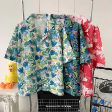 批发清新夏季短袖<b class='q'>衬衫</b>时尚植物印花透气休闲舒适<b class='q'>男士</b>上衣