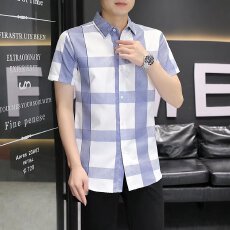批发时尚个性男士短袖衬衫清新格子设计透气舒适休闲百搭上衣