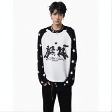 批发星星图案拼接袖牛仔骑马印花宽松长袖T恤 