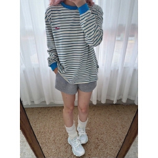 批发条纹图案圆领长袖T恤简约休闲风格服饰 