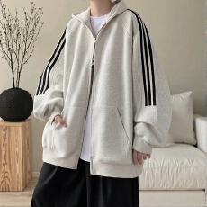 带拉链袖子条纹设计宽松版型连帽卫衣