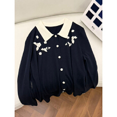 批发纯手工绣花法式撞色精纺羊毛POLO翻领针织开衫26春季新款红色上衣