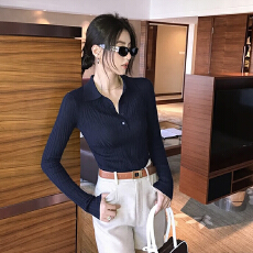 批发100%精纺扬子纱羊毛高端水波浪纹纯色肌理纹气质POLO领修身毛衣女